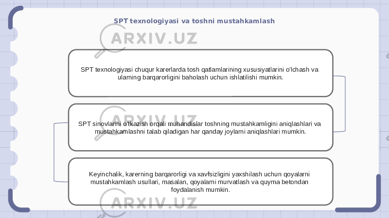 SPT texnologiyasi va toshni mustahkamlash SPT texnologiyasi chuqur karerlarda tosh qatlamlarining xususiyatlarini o&#39;lchash va ularning barqarorligini baholash uchun ishlatilishi mumkin. SPT sinovlarini o&#39;tkazish orqali muhandislar toshning mustahkamligini aniqlashlari va mustahkamlashni talab qiladigan har qanday joylarni aniqlashlari mumkin. Keyinchalik, karerning barqarorligi va xavfsizligini yaxshilash uchun qoyalarni mustahkamlash usullari, masalan, qoyalarni murvatlash va quyma betondan foydalanish mumkin. 