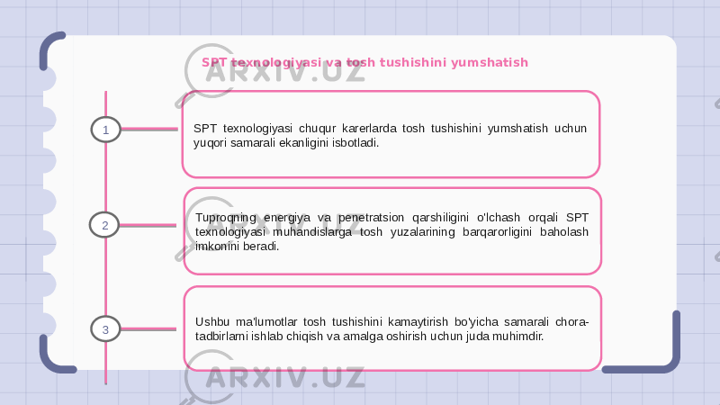 SPT texnologiyasi va tosh tushishini yumshatish SPT texnologiyasi chuqur karerlarda tosh tushishini yumshatish uchun yuqori samarali ekanligini isbotladi. Tuproqning energiya va penetratsion qarshiligini o&#39;lchash orqali SPT texnologiyasi muhandislarga tosh yuzalarining barqarorligini baholash imkonini beradi. Ushbu ma&#39;lumotlar tosh tushishini kamaytirish bo&#39;yicha samarali chora- tadbirlarni ishlab chiqish va amalga oshirish uchun juda muhimdir.1 2 3 