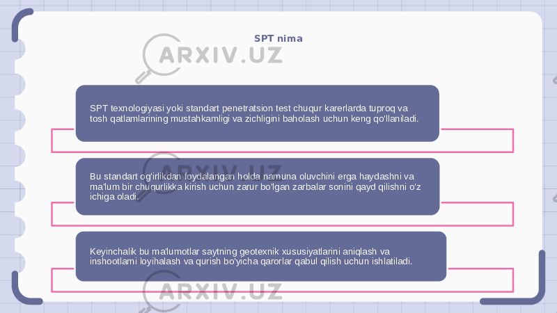 SPT nima SPT texnologiyasi yoki standart penetratsion test chuqur karerlarda tuproq va tosh qatlamlarining mustahkamligi va zichligini baholash uchun keng qo&#39;llaniladi. Bu standart og&#39;irlikdan foydalangan holda namuna oluvchini erga haydashni va ma&#39;lum bir chuqurlikka kirish uchun zarur bo&#39;lgan zarbalar sonini qayd qilishni o&#39;z ichiga oladi. Keyinchalik bu ma&#39;lumotlar saytning geotexnik xususiyatlarini aniqlash va inshootlarni loyihalash va qurish bo&#39;yicha qarorlar qabul qilish uchun ishlatiladi. 