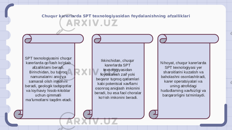 Chuqur karerlarda SPT texnologiyasidan foydalanishning afzalliklari SPT texnologiyasini chuqur karerlarda qo&#39;llash ko&#39;plab afzalliklarni beradi. Birinchidan, bu tuproq namunalarini aniq va samarali olish imkonini beradi, geologik tadqiqotlar va loyihaviy hisob-kitoblar uchun qimmatli ma&#39;lumotlarni taqdim etadi. Ikkinchidan, chuqur karerlarda SPT texnologiyasidan foydalanish zaif yoki beqaror tuproq qatlamlari kabi potentsial xavflarni osonroq aniqlash imkonini beradi, bu esa faol choralar ko&#39;rish imkonini beradi. Nihoyat, chuqur karerlarda SPT texnologiyasi yer sharoitlarini kuzatish va baholashni osonlashtiradi, karer operatsiyalari va uning atrofidagi hududlarning xavfsizligi va barqarorligini ta&#39;minlaydi. 