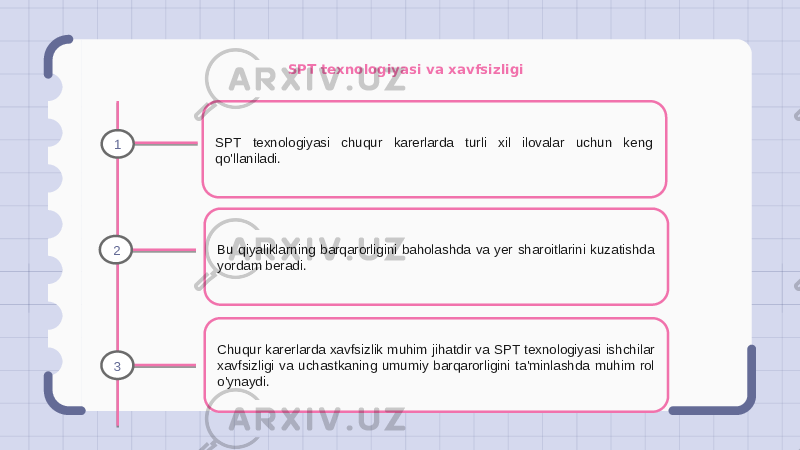 SPT texnologiyasi va xavfsizligi SPT texnologiyasi chuqur karerlarda turli xil ilovalar uchun keng qo&#39;llaniladi. Bu qiyaliklarning barqarorligini baholashda va yer sharoitlarini kuzatishda yordam beradi. Chuqur karerlarda xavfsizlik muhim jihatdir va SPT texnologiyasi ishchilar xavfsizligi va uchastkaning umumiy barqarorligini ta&#39;minlashda muhim rol o&#39;ynaydi.1 2 3 