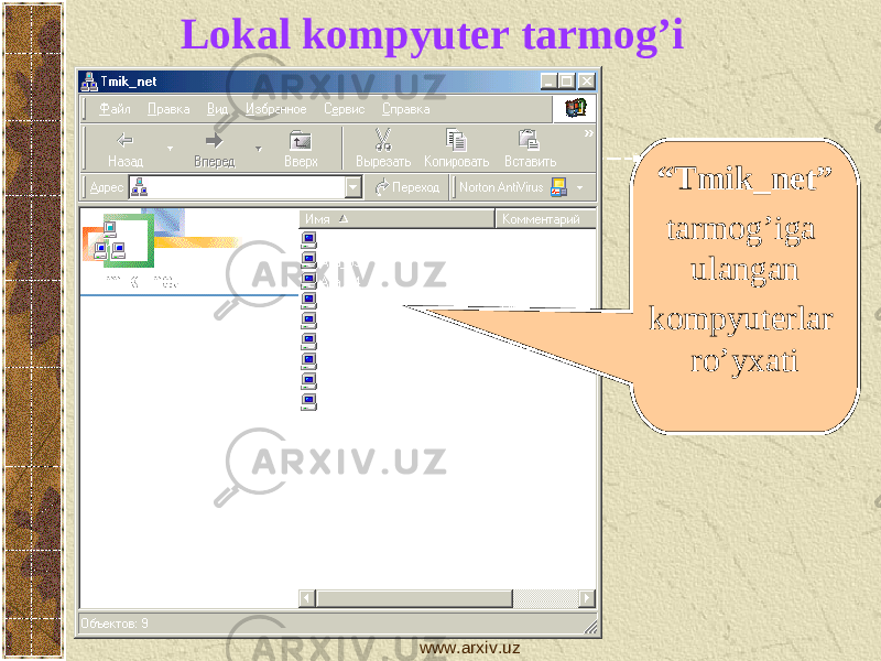 “ Tmik_net” tarmog’iga ulangan kompyuterlar ro’yxatiLokal kompyuter tarmog’i www.arxiv.uz 