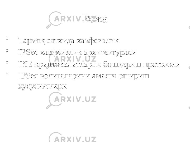 Режа • Тармоқ сатхида хавфсизлик • IPSec хавфсизлик архитектураси • IKE криптокалитларни бошқариш протоколи • IPSec воситаларини амалга ошириш хусусиятлари 