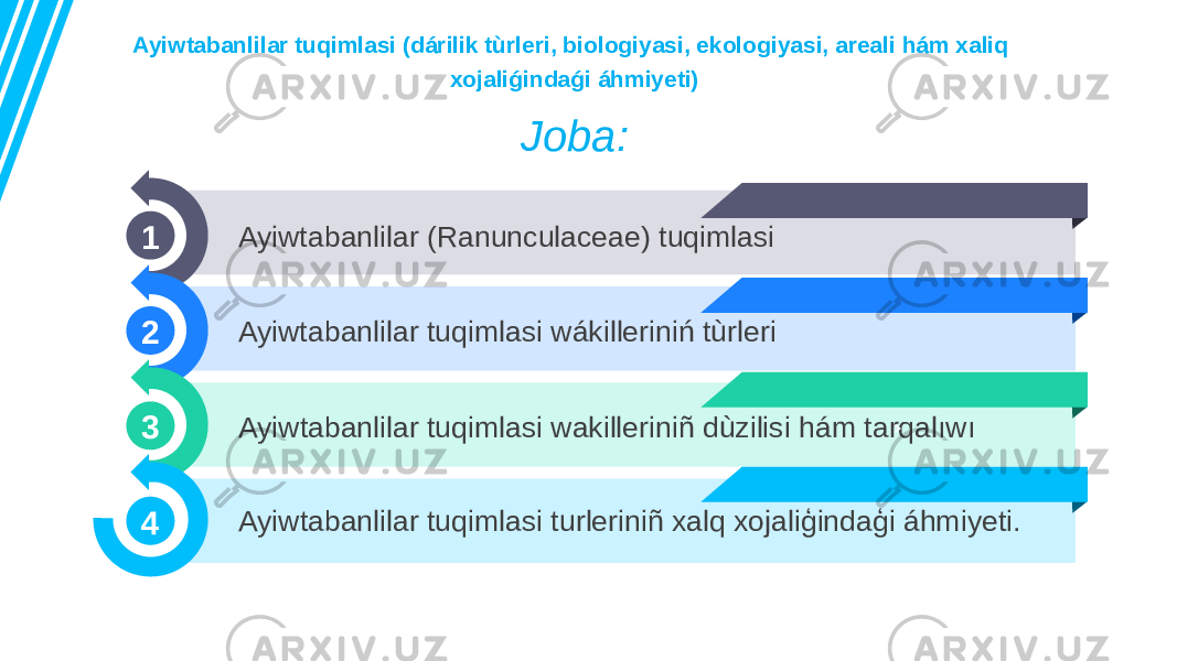 Ayiwtabanlilar tuqimlasi (dárilik tùrleri, biologiyasi, ekologiyasi, areali hám xaliq xojaliǵindaǵi áhmiyeti) 1 2 3 4 Ayiwtabanlilar (Ranunculaceae) tuqimlasi Ayiwtabanlilar tuqimlasi wákilleriniń tùrleri Ayiwtabanlilar tuqimlasi wakilleriniñ dùzilisi hám tarqalıwı Ayiwtabanlilar tuqimlasi turleriniñ xalq xojaliģindaģi áhmiyeti. Joba: 