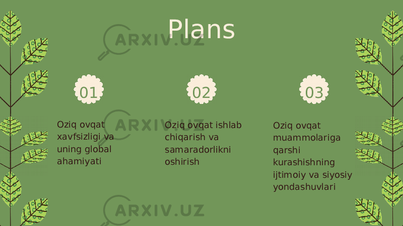 01 02 03 04 Plans Oziq ovqat xavfsizligi va uning global ahamiyati Oziq ovqat ishlab chiqarish va samaradorlikni oshirish Oziq ovqat muammolariga qarshi kurashishning ijtimoiy va siyosiy yondashuvlari 