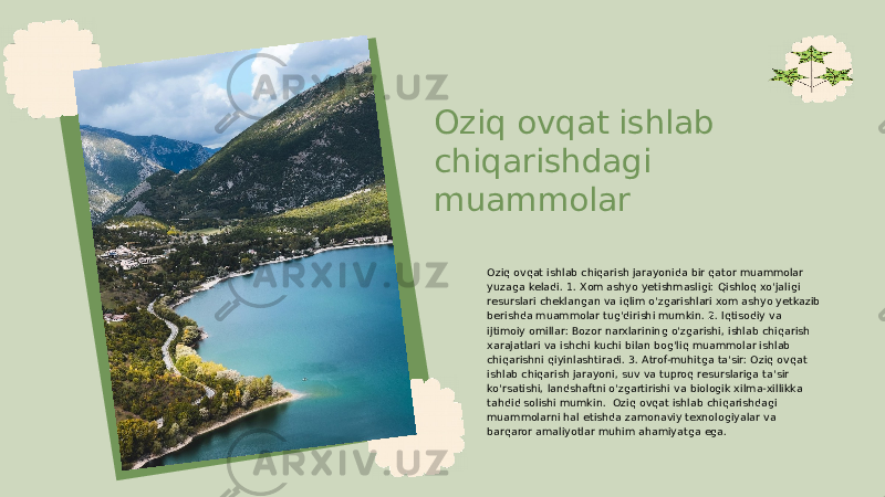 Oziq ovqat ishlab chiqarishdagi muammolar Oziq ovqat ishlab chiqarish jarayonida bir qator muammolar yuzaga keladi. 1. Xom ashyo yetishmasligi: Qishloq xo&#39;jaligi resurslari cheklangan va iqlim o&#39;zgarishlari xom ashyo yetkazib berishda muammolar tug&#39;dirishi mumkin. 2. Iqtisodiy va ijtimoiy omillar: Bozor narxlarining o&#39;zgarishi, ishlab chiqarish xarajatlari va ishchi kuchi bilan bog&#39;liq muammolar ishlab chiqarishni qiyinlashtiradi. 3. Atrof-muhitga ta&#39;sir: Oziq ovqat ishlab chiqarish jarayoni, suv va tuproq resurslariga ta&#39;sir ko&#39;rsatishi, landshaftni o&#39;zgartirishi va biologik xilma-xillikka tahdid solishi mumkin. Oziq ovqat ishlab chiqarishdagi muammolarni hal etishda zamonaviy texnologiyalar va barqaror amaliyotlar muhim ahamiyatga ega. 