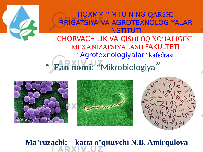 • Fan nomi : “ Mikrobiologiya ” Ma’ruzachi: katta o’qituvchi N.B. Amirqulova TIQXMMI ” MTU NING QARSHI IRRIGATSIYA VA AGROTEXNOLOGIYALAR INSTITUTI CHORVACHILIK VA QI SHLOQ XO‘JALIGINI MEXANIZATSIYALASH FAKULTETI “ Agrotexnologiyalar ” kafedrasi 