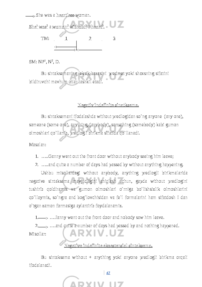  She was a heartless woman. She 1 was 2 a woman 2 without 3 a heart 3 . TM: 1 2 3 SM: NP 1 , N 2 , D. Bu sintaksemaning leksik bazasini predmet yoki shaxsning sifatini bildiruvchi mavhum otlar tashkil etadi. Negativ indefinite sinatksema. Bu sintaksemani ifodalashda without predlogidan so`ng anyone (any one), someone (some one), anything 2 (anybody), something (somebody) kabi gumon olmoshlari qo`llanib, predlogli birikma sifatida qo`llanadi. Masalan: 1. …..Ganny went out the front door without anybody seeing him leave; 2. …..and quite a number of days had passed by without anything happening. Ushbu misollardagi without anybody, anything predlogli birikmalarida negative sintaksema mavjudligini aniqlash uchun, gapda without predlogini tushirib qoldiramiz va gumon olmoshlari o`rniga bo`lishsizlik olmoshlarini qo`llaymiz, so`ngra and bog`lovchisidan va fe`l formalarini ham sifatdosh I dan o`tgan zamon formasiga aylantirib foydalanamiz. 1. ….Ianny went out the front door and nobody saw him leave. 2. ….and quite a number of days had passed by and nothing happened. Misollar: Negative indefinite ekzestensial sintaksema. Bu sintaksema without + anything yoki anyone predlogli birikma orqali ifodalanadi. 47 