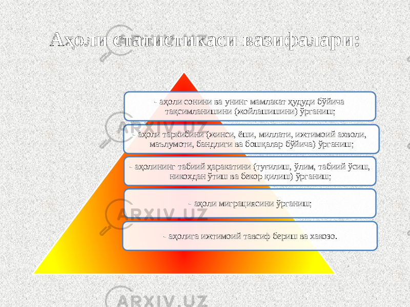 Аҳоли статистикаси вазифалари: - аҳоли сонини ва унинг мамлакат ҳудуди бўйича тақсимланишини (жойлашишини) ўрганиш; - аҳоли таркибини (жинси, ёши, миллати, ижтимоий ахволи, маълумоти, бандлиги ва бошқалар бўйича) ўрганиш; - аҳолининг табиий ҳаракатини (туғилиш, ўлим, табиий ўсиш, никохдан ўтиш ва бекор қилиш) ўрганиш; - аҳоли миграциясини ўрганиш; - аҳолига ижтимоий тавсиф бериш ва хакозо. 