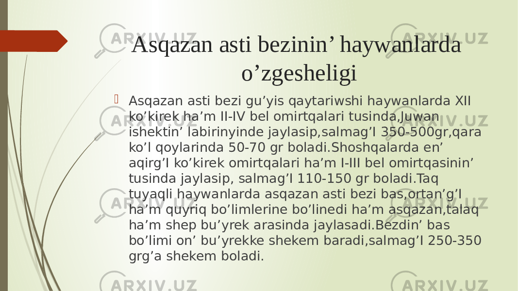 Asqazan asti bezinin’ haywanlarda o’zgesheligi  Asqazan asti bezi gu’yis qaytariwshi haywanlarda XII ko’kirek ha’m II-IV bel omirtqalari tusinda,Juwan ishektin’ labirinyinde jaylasip,salmag’I 350-500gr,qara ko’l qoylarinda 50-70 gr boladi.Shoshqalarda en’ aqirg’I ko’kirek omirtqalari ha’m I-III bel omirtqasinin’ tusinda jaylasip, salmag’I 110-150 gr boladi.Taq tuyaqli haywanlarda asqazan asti bezi bas,ortan’g’I ha’m quyriq bo’limlerine bo’linedi ha’m asqazan,talaq ha’m shep bu’yrek arasinda jaylasadi.Bezdin’ bas bo’limi on’ bu’yrekke shekem baradi,salmag’I 250-350 grg’a shekem boladi. 