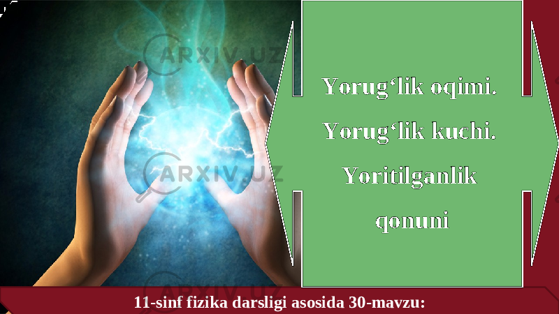 11-sinf fizika darsligi asosida 30-mavzu: Yorug‘lik oqimi. Yorug‘lik kuchi. Yoritilganlik qonuni 