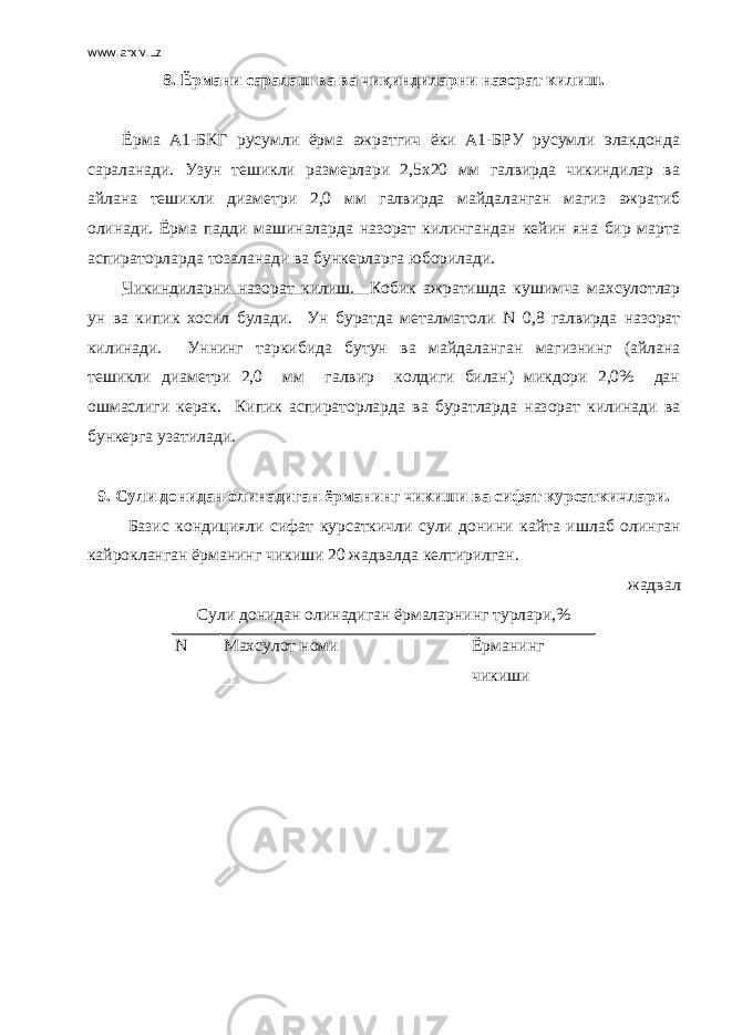 www.arxiv.uz 8. Ёрмани саралаш ва ва чиқиндиларни назорат килиш. Ёрма А1-БКГ русумли ёрма ажратгич ёки А1-БРУ русумли элакдонда сараланади. Узун тешикли размерлари 2,5х20 мм галвирда чикиндилар ва айлана тешикли диа метри 2,0 мм галвирда майдаланган магиз ажратиб олинади. Ёрма падди машиналарда назорат килингандан кейин яна бир марта аспи раторларда тозаланади ва бункерларга юборилади. Чикиндиларни назорат килиш. Кобик ажратишда кушимча махсулотлар ун ва кипик хосил булади. Ун буратда металматоли N 0,8 галвирда назорат килинади. Уннинг таркибида бутун ва майдалан ган магизнинг (айлана тешикли диаметри 2,0 мм галвир колдиги билан) микдори 2,0% дан ошмаслиги керак. Кипик аспираторларда ва буратларда назорат килинади ва бункерга узатилади. 9. Сули донидан олинадиган ёрманинг чикиши ва сифат курсаткичлари. Базис кондицияли сифат курсаткичли сули донини кайта иш лаб олинган кайрокланган ёрманинг чикиши 20 жадвалда келтирил ган. жадвал Сули донидан олинадиган ёрмаларнинг турлари,% N Махсулот номи Ёрманинг чикиши 