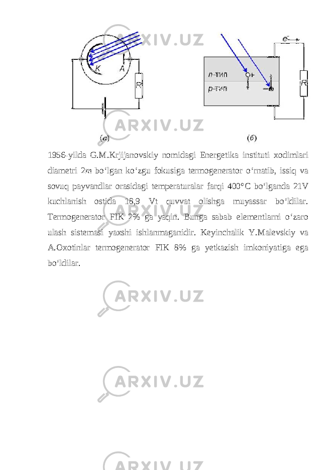 1956-yilda G.M.Krjijanovskiy nomidagi Energe tika instituti xodimlari diametri 2 m bo‘lgan ko‘zgu fokusiga termogenerator o‘rnatib, issiq va sovuq payvandlar orasidagi temperaturalar farqi 400° С bo‘lganda 21V kuchlanish ostida 18,9 Vt quvvat olishga muyassar bo‘ldilar. Termogenerator FIK 2% ga yaqin. Bunga sabab elementlarni o‘zaro ulash sistemasi yaxshi ishlanmaganidir. Keyinchalik Y.Malevskiy va A.Oxotinlar termogenerator FIK 8% ga yetkazish imkoniyatiga ega bo‘ldilar. 