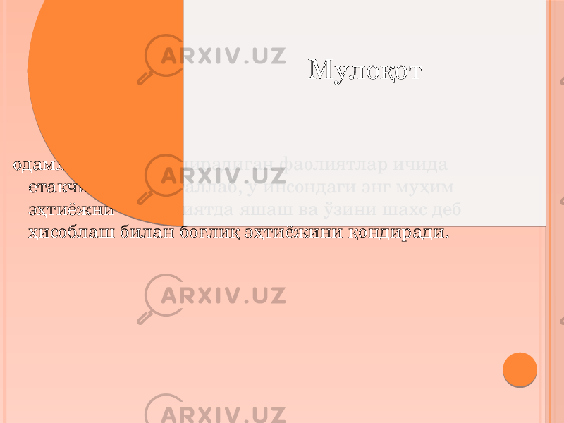 одамлар амалга оширадиган фаолиятлар ичида етакчи ўринни эгаллаб, у инсондаги энг муҳим эҳтиёжни — жамиятда яшаш ва ўзини шахс деб ҳисоблаш билан боғлиқ эҳтиёжини қондиради. Мулоқот 1D08 