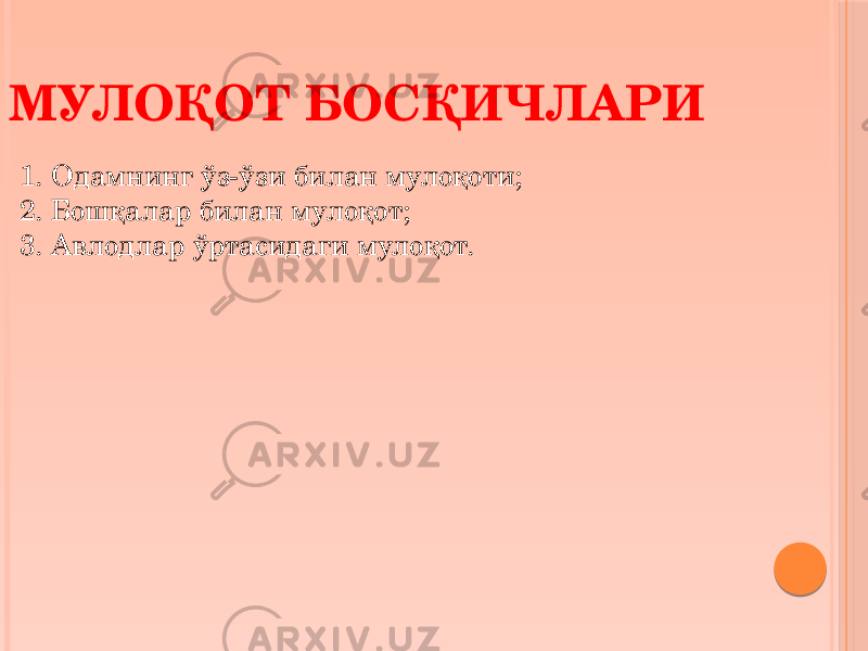 1. Одамнинг ўз-ўзи билан мулоқоти; 2. Бошқалар билан мулоқот; 3. Авлодлар ўртасидаги мулоқот. МУЛОҚОТ БОСҚИЧЛАРИ 