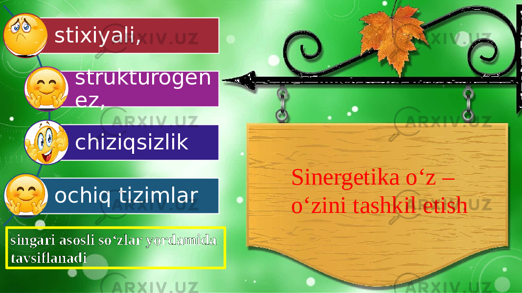 Sinergetika o‘z – o‘zini tashkil etishstixiyali, strukturogen ez, chiziqsizlik ochiq tizimlar singari asosli so‘zlar yordamida tavsiflanadi 