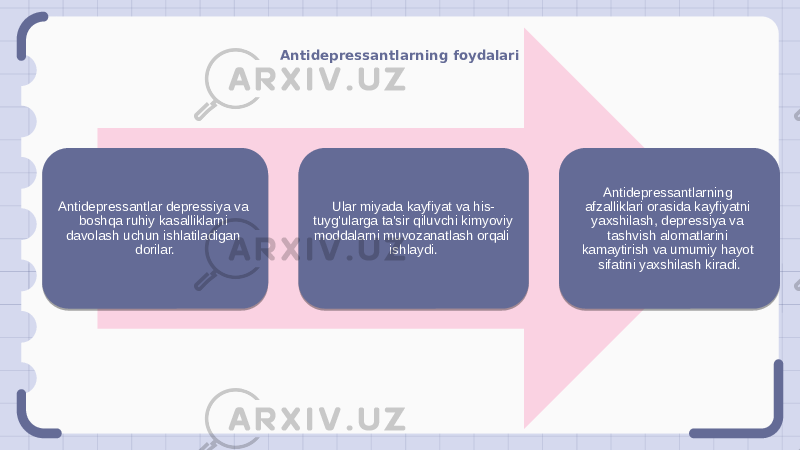 Antidepressantlarning foydalari Antidepressantlar depressiya va boshqa ruhiy kasalliklarni davolash uchun ishlatiladigan dorilar. Ular miyada kayfiyat va his- tuyg&#39;ularga ta&#39;sir qiluvchi kimyoviy moddalarni muvozanatlash orqali ishlaydi. Antidepressantlarning afzalliklari orasida kayfiyatni yaxshilash, depressiya va tashvish alomatlarini kamaytirish va umumiy hayot sifatini yaxshilash kiradi. 