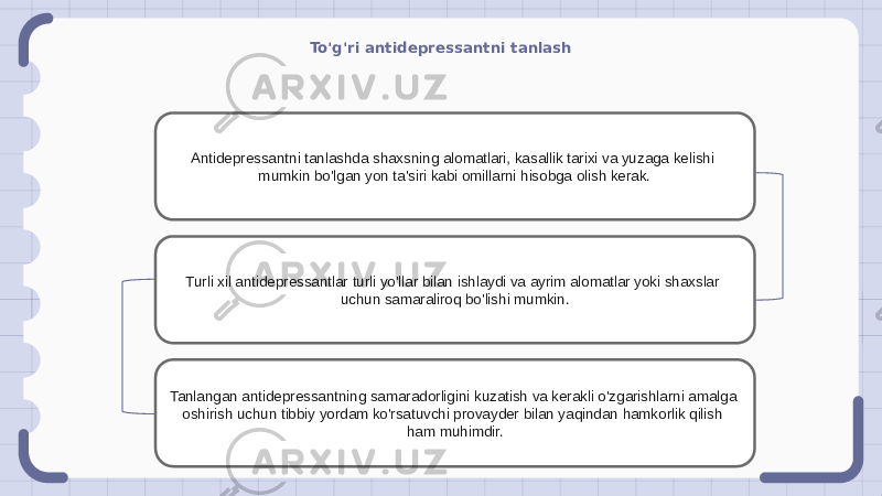 To&#39;g&#39;ri antidepressantni tanlash Antidepressantni tanlashda shaxsning alomatlari, kasallik tarixi va yuzaga kelishi mumkin bo&#39;lgan yon ta&#39;siri kabi omillarni hisobga olish kerak. Turli xil antidepressantlar turli yo&#39;llar bilan ishlaydi va ayrim alomatlar yoki shaxslar uchun samaraliroq bo&#39;lishi mumkin. Tanlangan antidepressantning samaradorligini kuzatish va kerakli o&#39;zgarishlarni amalga oshirish uchun tibbiy yordam ko&#39;rsatuvchi provayder bilan yaqindan hamkorlik qilish ham muhimdir. 