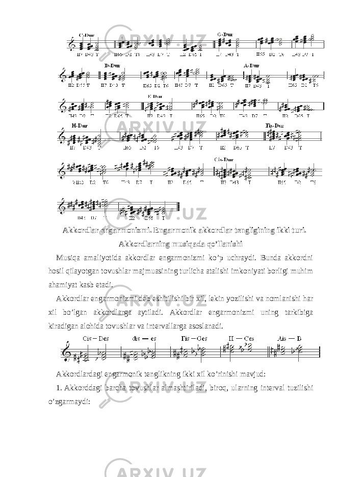 Akkordlar engarmonizmi. Engarmonik akkordlar tengligining ikki turi. Akkordlarning musiqada qo’llanishi Musiqa amaliyotida akkordlar engarmonizmi ko’p uchraydi. Bunda akkordni hosil qilayotgan tovushlar majmuasining turlicha atalishi imkoniyati borligi muhim ahamiyat kasb etadi. Akkordlar engarmonizmi deb eshitilishi bir xil, lekin yozilishi va nomlanishi har xil bo’lgan akkordlarga aytiladi. Akkordlar engarmonizmi uning tarkibiga kiradigan alohida tovushlar va intervallarga asoslanadi. Akkordlardagi engarmonik tenglikning ikki xil ko’rinishi mavjud: 1. Akkorddagi barcha tovushlar almashtiriladi, biroq, ularning interval tuzilishi o’zgarmaydi: 