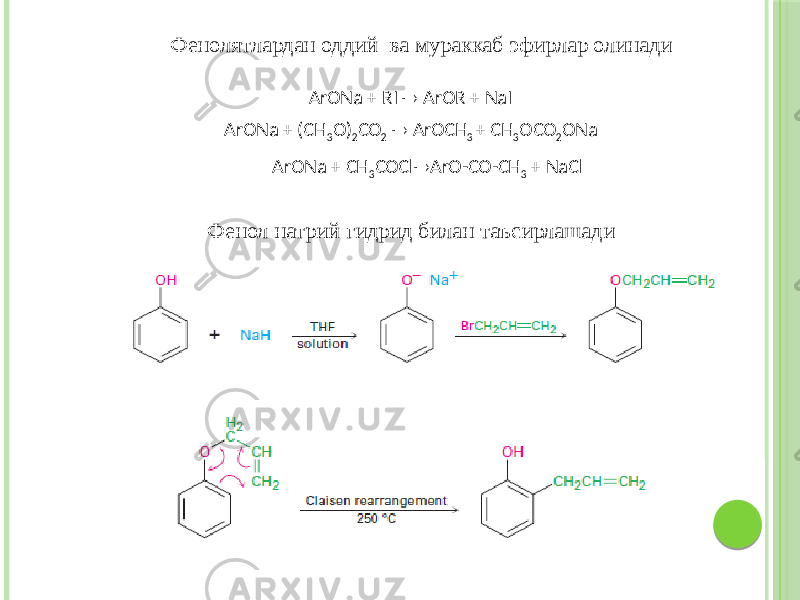 Фенолятлардан оддий ва мураккаб эфирлар олинади ArONa + RI  ArOR + NaI ArONa + (CH 3 O) 2 CO 2  ArOCH 3 + CH 3 OCO 2 ONa АrONa + CH 3 COCl  ArO-CO-CH 3 + NaCl Фенол натрий гидрид билан таъсирлашади 