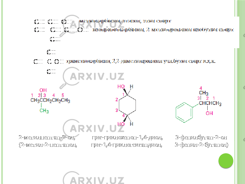 2-метилпентан-2-ол, цис-циклохенон-1,4-диол, 3-фенилбутан-2-ол (2-метил-2-пентанол, цис-1,4-циклогександиол, 3-фенил-2-бутанол) 
