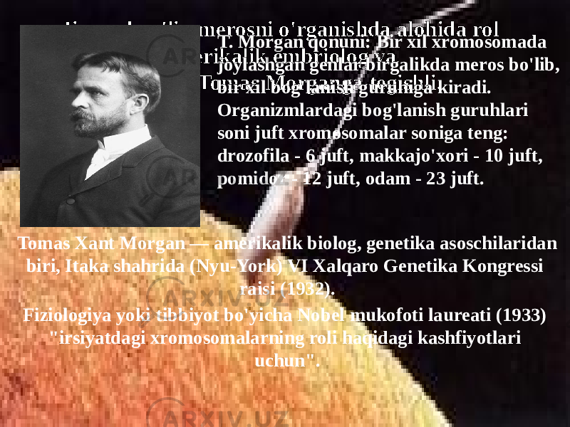 Jinsga bog&#39;liq merosni o&#39;rganishda alohida rol amerikalik embriolog va genetik Tomas Morganga tegishli. T. Morgan qonuni: Bir xil xromosomada joylashgan genlar birgalikda meros bo&#39;lib, bir xil bog&#39;lanish guruhiga kiradi. Organizmlardagi bog&#39;lanish guruhlari soni juft xromosomalar soniga teng: drozofila - 6 juft, makkajo&#39;xori - 10 juft, pomidor - 12 juft, odam - 23 juft. Tomas Xant Morgan — amerikalik biolog, genetika asoschilaridan biri, Itaka shahrida (Nyu-York) VI Xalqaro Genetika Kongressi raisi (1932). Fiziologiya yoki tibbiyot bo&#39;yicha Nobel mukofoti laureati (1933) &#34;irsiyatdagi xromosomalarning roli haqidagi kashfiyotlari uchun&#34;. 