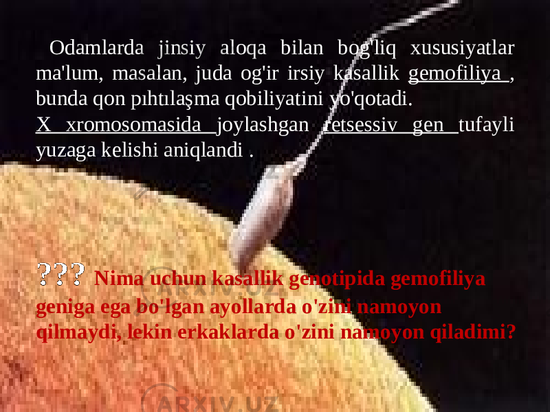  Odamlarda jinsiy aloqa bilan bog&#39;liq xususiyatlar ma&#39;lum, masalan, juda og&#39;ir irsiy kasallik gemofiliya , bunda qon pıhtılaşma qobiliyatini yo&#39;qotadi. X xromosomasida joylashgan retsessiv gen tufayli yuzaga kelishi aniqlandi . ??? Nima uchun kasallik genotipida gemofiliya geniga ega bo&#39;lgan ayollarda o&#39;zini namoyon qilmaydi, lekin erkaklarda o&#39;zini namoyon qiladimi? 