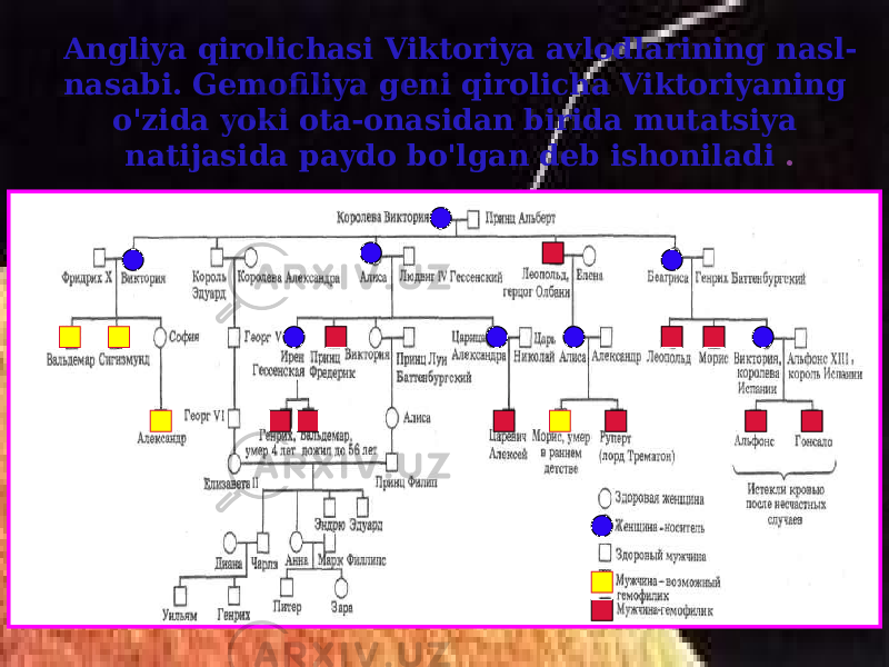 Angliya qirolichasi Viktoriya avlodlarining nasl- nasabi. Gemofiliya geni qirolicha Viktoriyaning o&#39;zida yoki ota-onasidan birida mutatsiya natijasida paydo bo&#39;lgan deb ishoniladi . 