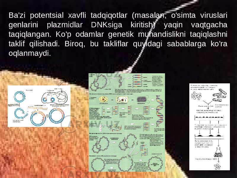 Ba&#39;zi potentsial xavfli tadqiqotlar (masalan, o&#39;simta viruslari genlarini plazmidlar DNKsiga kiritish) yaqin vaqtgacha taqiqlangan. Ko&#39;p odamlar genetik muhandislikni taqiqlashni taklif qilishadi. Biroq, bu takliflar quyidagi sabablarga ko&#39;ra oqlanmaydi. 