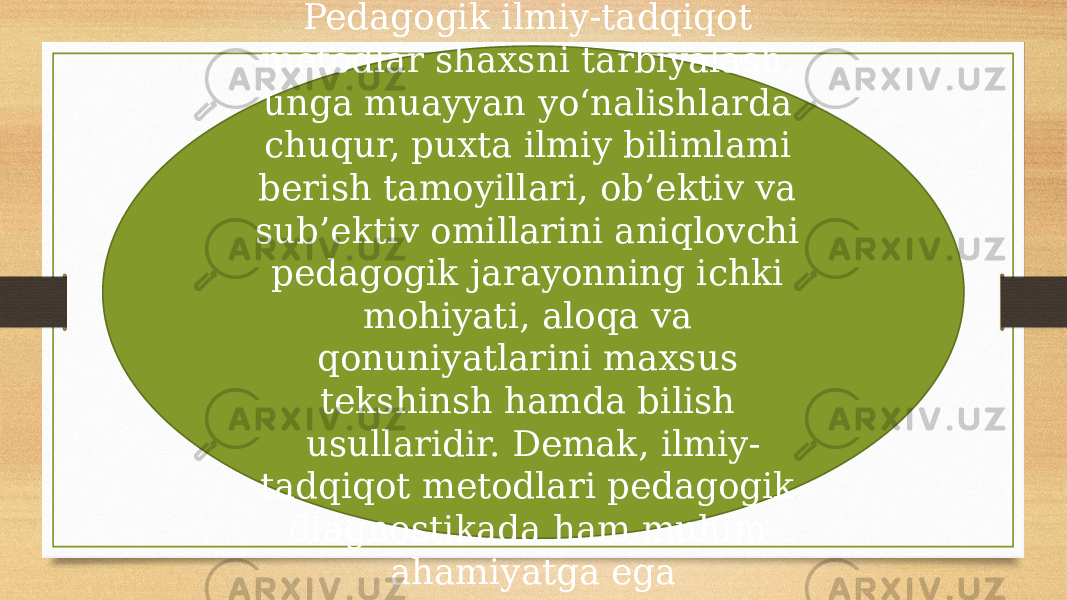 Pedagogik ilmiy-tadqiqot metodlar shaxsni tarbiyalash, unga muayyan yo‘nalishlarda chuqur, puxta ilmiy bilimlami berish tamoyillari, ob’ektiv va sub’ektiv omillarini aniqlovchi pedagogik jarayonning ichki mohiyati, aloqa va qonuniyatlarini maxsus tekshinsh hamda bilish usullaridir. Demak, ilmiy- tadqiqot metodlari pedagogik diagnostikada ham muhim ahamiyatga ega 