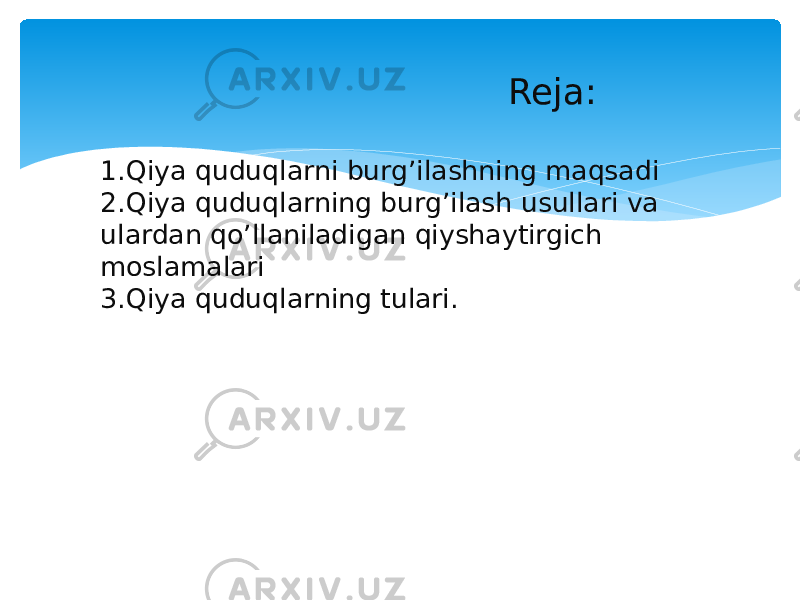  Reja: 1.Qiya quduqlarni burg’ilashning maqsadi 2.Qiya quduqlarning burg’ilash usullari va ulardan qo’llaniladigan qiyshaytirgich moslamalari 3.Qiya quduqlarning tulari. R eja: gh 1. 