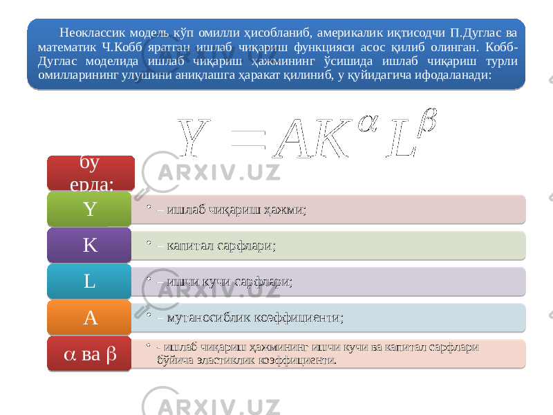 Неоклассик модель кўп омилли ҳисобланиб, америкалик иқтисодчи П.Дуглас ва математик Ч.Кобб яратган ишлаб чиқариш функцияси асос қилиб олинган. Кобб- Дуглас моделида ишлаб чиқариш ҳажмининг ўсишида ишлаб чиқариш турли омилларининг улушини аниқлашга ҳаракат қилиниб, у қуйидагича ифодаланади: бу ерда: • – ишлаб чиқариш ҳажми; Y • – капитал сарфлари; K • – ишчи кучи сарфлари; L • – мутаносиблик коэффициенти; A • - ишлаб чиқариш ҳажмининг ишчи кучи ва капитал сарфлари бўйича эластиклик коэффициенти. ва   L AK Y 68 0E 6B 06 1A 1813 01 2709 04 46 01 2709 16 6D 01 2709 04 64 01 2709 0E1103 6E 01 63 1A 06 09 15 07 