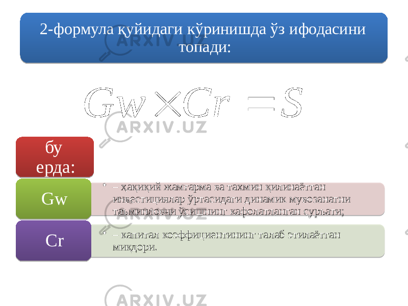 2-формула қуйидаги кўринишда ўз ифодасини топади: бу ерда: • – ҳақиқий жамғарма ва тахмин қилинаётган инвестициялар ўртасидаги динамик мувозанатни таъминловчи ўсишнинг кафолатланган суръати; Gw • – капитал коэффициентининг талаб этилаётган миқдори.Cr S Cr Gw  4B6323 03 1A 18 01 2709 21 04 03 76 01 2709 16 0E 79 