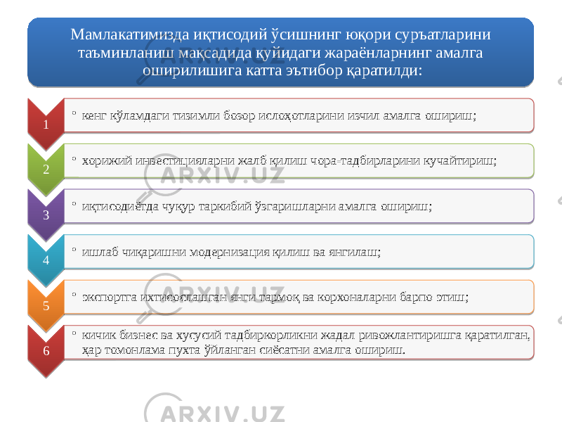 Мамлакатимизда иқтисодий ўсишнинг юқори суръатларини таъминланиш мақсадида қуйидаги жараёнларнинг амалга оширилишига катта эътибор қаратилди: 1 • кенг кўламдаги тизимли бозор ислоҳотларини изчил амалга ошириш; 2 • хорижий инвестицияларни жалб қилиш чора-тадбирларини кучайтириш; 3 • иқтисодиётда чуқур таркибий ўзгаришларни амалга ошириш; 4 • ишлаб чиқаришни модернизация қилиш ва янгилаш; 5 • экспортга ихтисослашган янги тармоқ ва корхоналарни барпо этиш; 6 • кичик бизнес ва хусусий тадбиркорликни жадал ривожлантиришга қаратилган, ҳар томонлама пухта ўйланган сиёсатни амалга ошириш. 190F 03 06 2E 01 16 4B 01 22 53 01 04 4F 01 04 4E 01 5D 4C 01 16 21 