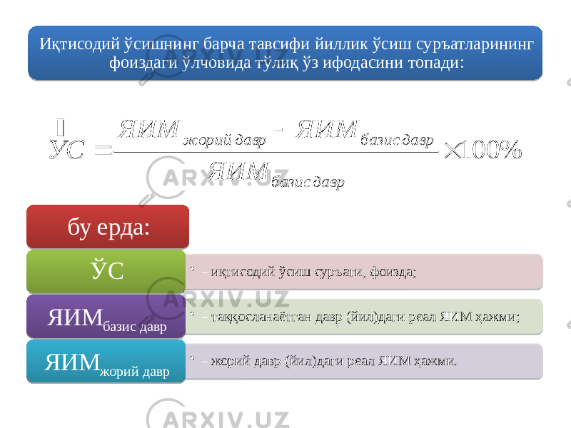 Иқтисодий ўсишнинг барча тавсифи йиллик ўсиш суръатларининг фоиздаги ўлчовида тўлиқ ўз ифодасини топади: бу ерда: • – иқтисодий ўсиш суръати, фоизда; ЎС • – таққосланаётган давр (йил)даги реал ЯИМ ҳажми; ЯИМ базис давр • – жорий давр (йил)даги реал ЯИМ ҳажми. ЯИМ жорий давр % 100    давр базис давр базис давр жорий ЯИМ ЯИМ ЯИМ С У 01 23 1A 01 2709 04 1B 01 2709 03 25 1A 09 01 2709 1E 25 1E 