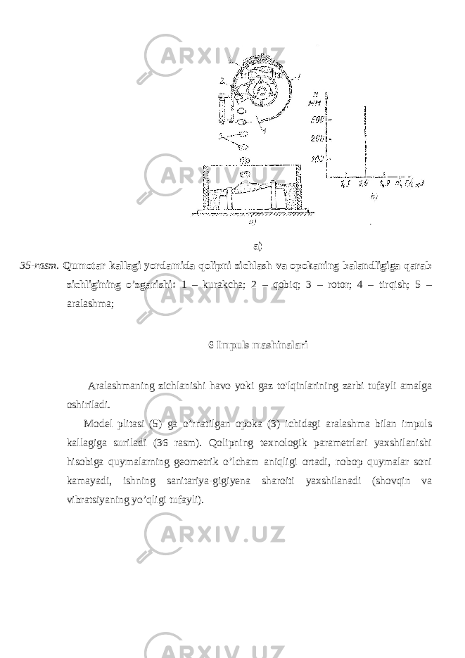 a) 35-rasm. Qumotar kallagi yordamida qolipni zichlash va opokaning balandligiga qarab zichligining o ’ zgarishi: 1 – kurakcha; 2 – qobiq; 3 – rotor; 4 – tirqish; 5 – aralashma; 6 Impuls mashinalari Aralashmaning zichlanishi havo yoki gaz to&#39;lqinlarining zarbi tufayli amalga oshiriladi. Model plitasi (5) ga o’rnatilgan opoka (3) ichidagi aralashma bilan impuls kallagiga suriladi (36 rasm). Qolipning texnologik parametrlari yaxshilanishi hisobiga quymalarning geometrik o’lcham aniqligi ortadi, nobop quymalar soni kamayadi, ishning sanitariya-gigiyena sharoiti yaxshilanadi (shovqin va vibratsiyaning yo’qligi tufayli). 