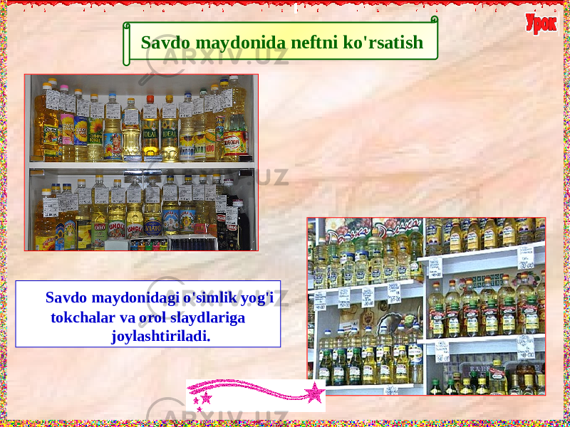 Savdo maydonida neftni ko&#39;rsatish Savdo maydonidagi o&#39;simlik yog&#39;i tokchalar va orol slaydlariga joylashtiriladi. 