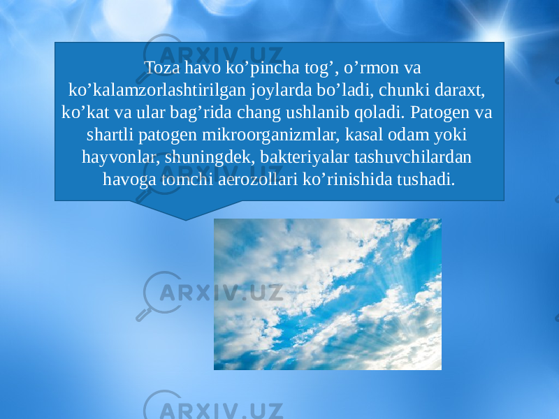 Toza havo ko’pincha tog’, o’rmon va ko’kalamzorlashtirilgan joylarda bo’ladi, chunki daraxt, ko’kat va ular bag’rida chang ushlanib qoladi. Patogen va shartli patogen mikroorganizmlar, kasal odam yoki hayvonlar, shuningdek, bakteriyalar tashuvchilardan havoga tomchi aerozollari ko’rinishida tushadi. 