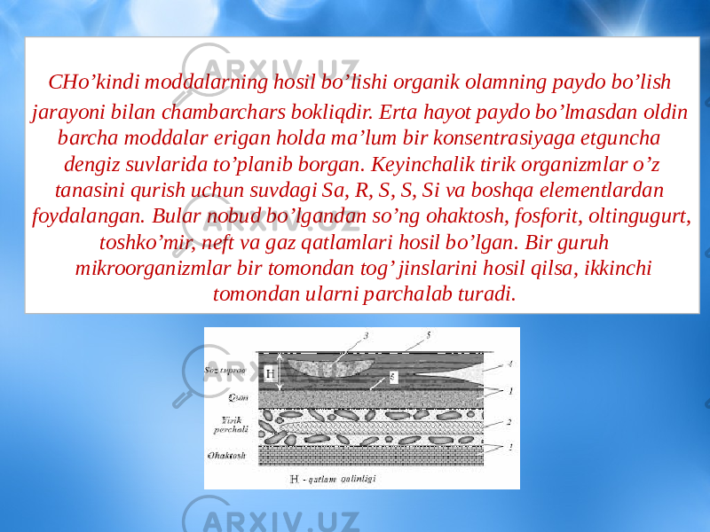  CHo’kindi moddalarning hosil bo’lishi organik olamning paydo bo’lish jarayoni bilan chambarchars bokliqdir. Erta hayot paydo bo’lmasdan oldin barcha moddalar erigan holda ma’lum bir konsentrasiyaga etguncha dengiz suvlarida to’planib borgan. Keyinchalik tirik organizmlar o’z tanasini qurish uchun suvdagi Sa, R, S, S, Si va boshqa elementlardan foydalangan. Bular nobud bo’lgandan so’ng ohaktosh, fosforit, oltingugurt, toshko’mir, neft va gaz qatlamlari hosil bo’lgan. Bir guruh mikroorganizmlar bir tomondan tog’ jinslarini hosil qilsa, ikkinchi tomondan ularni parchalab turadi. 