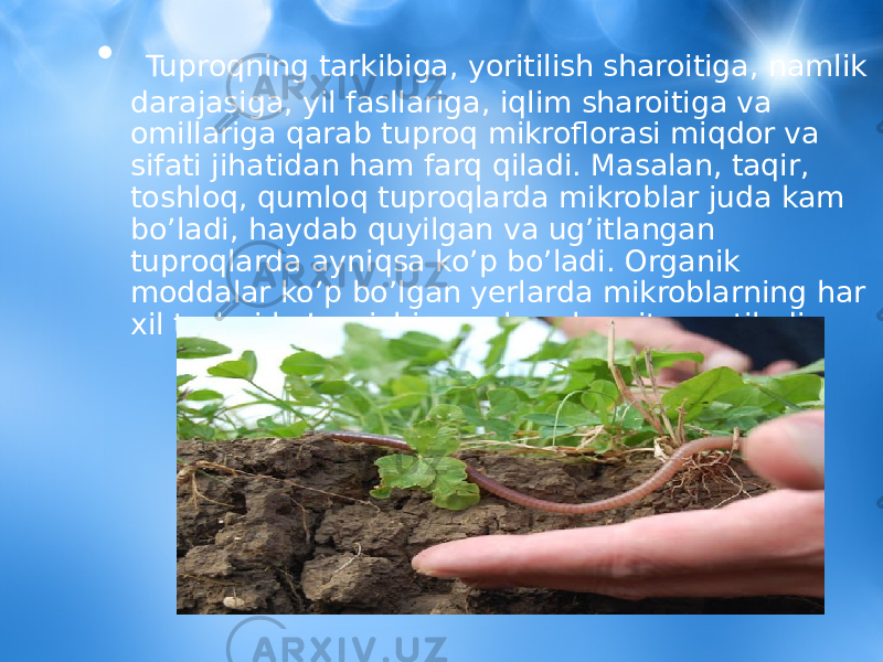 • Tuproqning tarkibiga, yoritilish sharoitiga, namlik darajasiga, yil fasllariga, iqlim sharoitiga va omillariga qarab tuproq mikroflorasi miqdor va sifati jihatidan ham farq qiladi. Masalan, taqir, toshloq, qumloq tuproqlarda mikroblar juda kam bo’ladi, haydab quyilgan va ug’itlangan tuproqlarda ayniqsa ko’p bo’ladi. Organik moddalar ko’p bo’lgan yerlarda mikroblar ning har xil turlari ko’payishiga qulay sharoit yaratiladi. 