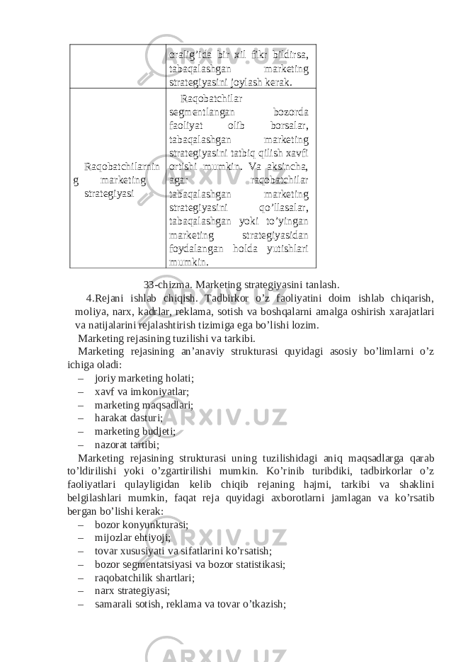 oralig’ida bir xil fikr bildirsa, tabaqalashgan marketing strategiyasini joylash kerak. Raqobatchilarnin g marketing strategiyasi Raqobatchilar segmentlangan bozorda faoliyat olib borsalar, tabaqalashgan marketing strategiyasini tatbiq qilish xavfi ortishi mumkin. Va aksincha, agar raqobatchilar tabaqalashgan marketing strategiyasini qo’llasalar, tabaqalashgan yoki to’yingan marketing strategiyasidan foydalangan holda yutishlari mumkin. 33-chizma. Marketing strategiyasini tanlash. 4. Rejani ishlab chiqish. Tadbirkor o’z faoliyatini doim ishlab chiqarish, moliya, narx, kadrlar, reklama, sotish va boshqalarni amalga oshirish xarajatlari va natijalarini rejalashtirish tizimiga ega bo’lishi lozim. Marketing rejasining tuzilishi va tarkibi. Marketing rejasining an’anaviy strukturasi quyidagi asosiy bo’limlarni o’z ichiga oladi: – joriy marketing holati; – xavf va imkoniyatlar; – marketing maqsadlari; – harakat dasturi; – marketing budjeti; – nazorat tartibi; Marketing rejasining strukturasi uning tuzilishidagi aniq maqsadlarga qarab to’ldirilishi yoki o’zgartirilishi mumkin. Ko’rinib turibdiki, tadbirkorlar o’z faoliyatlari qulayligidan kelib chiqib rejaning hajmi, tarkibi va shaklini belgilashlari mumkin, faqat reja quyidagi axborotlarni jamlagan va ko’rsatib bergan bo’lishi kerak: – bozor konyunkturasi; – mijozlar ehtiyoji; – tovar xususiyati va sifatlarini ko’rsatish; – bozor segmentatsiyasi va bozor statistikasi; – raqobatchilik shartlari; – narx strategiyasi; – samarali sotish, reklama va tovar o’tkazish; 