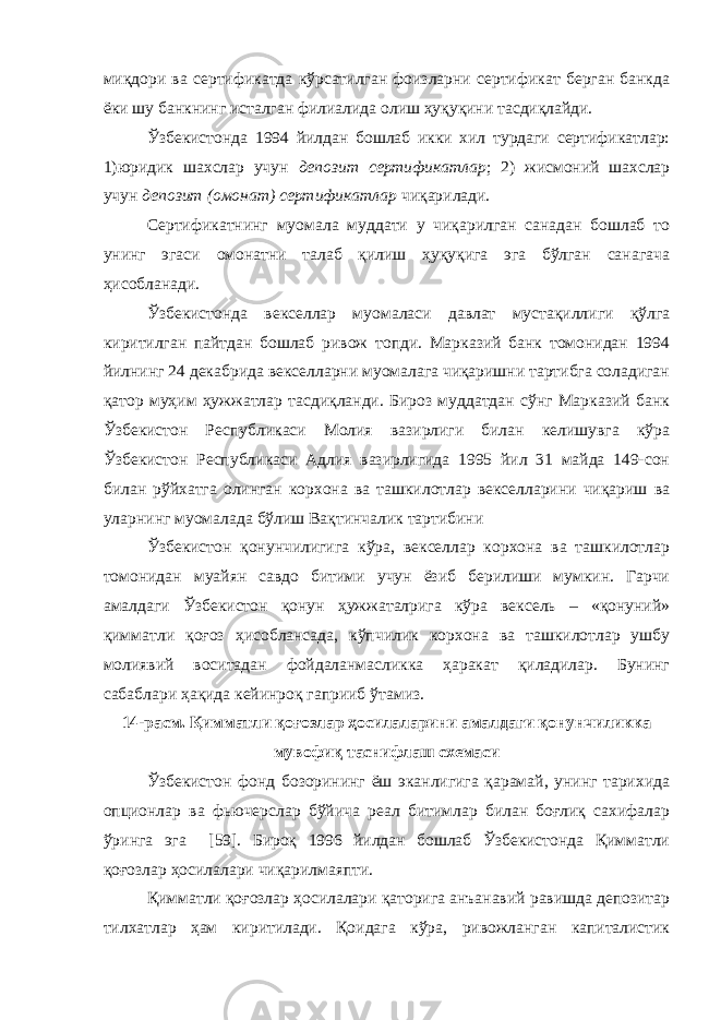 миқдори ва сертификатда кўрсатилган фоизларни сертификат берган банкда ёки шу банкнинг исталган филиалида олиш ҳуқуқини тасдиқлайди. Ўзбекистонда 1994 йилдан бошлаб икки хил турдаги сертификатлар: 1)юридик шахслар учун депозит сертификатлар ; 2) жисмоний шахслар учун депозит (омонат) сертификатлар чиқарилади. Сертификатнинг муомала муддати у чиқарилган санадан бошлаб то унинг эгаси омонатни талаб қилиш ҳуқуқига эга бўлган санагача ҳисобланади. Ўзбекистонда векселлар муомаласи давлат мустақиллиги қўлга киритилган пайтдан бошлаб ривож топди. Марказий банк томонидан 1994 йилнинг 24 декабрида векселларни муомалага чиқаришни тартибга соладиган қатор муҳим ҳужжатлар тасдиқланди. Бироз муддатдан сўнг Марказий банк Ўзбекистон Республикаси Молия вазирлиги билан келишувга кўра Ўзбекистон Республикаси Адлия вазирлигида 1995 йил 31 майда 149-сон билан рўйхатга олинган корхона ва ташкилотлар векселларини чиқариш ва уларнинг муомалада бўлиш Вақтинчалик тартибини Ўзбекистон қонунчилигига кўра, векселлар корхона ва ташкилотлар томонидан муайян савдо битими учун ёзиб берилиши мумкин. Гарчи амалдаги Ўзбекистон қонун ҳужжаталрига кўра вексель – «қонуний» қимматли қоғоз ҳисоблансада, кўпчилик корхона ва ташкилотлар ушбу молиявий воситадан фойдаланмасликка ҳаракат қиладилар. Бунинг сабаблари ҳақида кейинроқ гаприиб ўтамиз. 14-расм. Қимматли қоғозлар ҳосилаларини амалдаги қонунчиликка мувофиқ таснифлаш схемаси Ўзбекистон фонд бозорининг ёш эканлигига қарамай, унинг тарихида опционлар ва фьючерслар бўйича реал битимлар билан боғлиқ сахифалар ўринга эга [59]. Бироқ 1996 йилдан бошлаб Ўзбекистонда Қимматли қоғозлар ҳосилалари чиқарилмаяпти. Қимматли қоғозлар ҳосилалари қаторига анъанавий равишда депозитар тилхатлар ҳам киритилади. Қоидага кўра, ривожланган капиталистик 