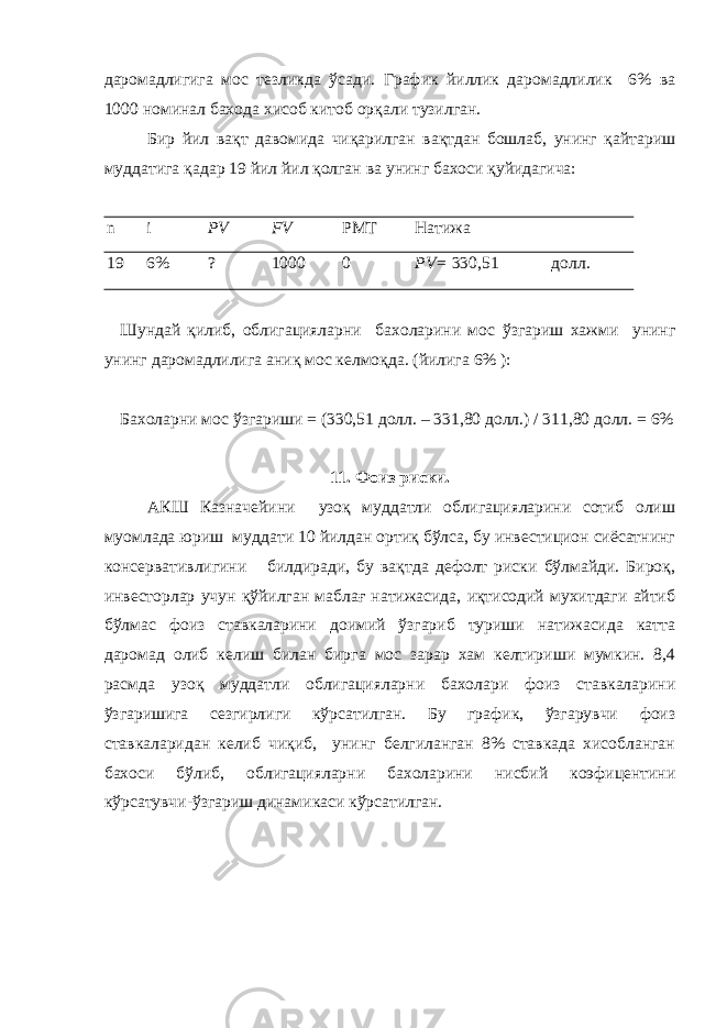 даромадлигига мос тезликда ўсади. График йиллик даромадлилик 6% ва 1000 номинал бахода хисоб китоб ор қ али тузилган. Бир йил вақт давомида чиқарилган вақтдан бошлаб, унинг қайтариш муддатига қадар 19 йил йил қолган ва унинг бахоси қуйидагича: n i PV FV РМТ Натижа 19 6% ? 1000 0 PV= 330,51 долл. Шундай қ илиб, облигацияларни бахоларини мос ў згариш хажми унинг унинг даромадлилига ани қ мос келмо қ да. ( йилига 6% ): Бахоларни мос ў згариши = (330,51 долл. – 331,80 долл.) / 311,80 долл. = 6% 11. Фоиз риски. АКШ Казначейини узоқ муддатли облигацияларини сотиб олиш муомлада юриш муддати 10 йилдан ортиқ бўлса, бу инвестицион сиёсатнинг консервативлигини билдиради, бу вақтда дефолт риски бўлмайди. Бироқ, инвесторлар учун қўйилган маблағ натижасида, иқтисодий мухитдаги айтиб бўлмас фоиз ставкаларини доимий ўзгариб туриши натижасида катта даромад олиб келиш билан бирга мос зарар хам келтириши мумкин. 8,4 расмда узоқ муддатли облигацияларни бахолари фоиз ставкаларини ўзгаришига сезгирлиги кўрсатилган. Бу график, ўзгарувчи фоиз ставкаларидан келиб чиқиб, унинг белгиланган 8% ставкада хисобланган бахоси бўлиб, облигацияларни бахоларини нисбий коэфицентини кўрсатувчи-ўзгариш динамикаси кўрсатилган. 