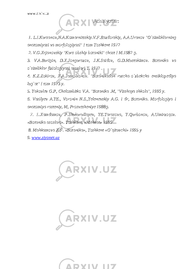 www.arxiv.uz Adabiyotlar : 1. L.I.Kursanov,N.A.Komarnitsskiy.V.F.Razdorskiy, A.A.Uranov &#34;O`simliklarning anatomiyasi va morfologiyasi&#34; I tom Toshkent 1972 2. V.G.Xrjanovskiy &#34;Kurs obshiy botaniki&#34; chast I M.1982 g. 3. V.A.Burigin, D.X.Jongurazov, J.K.Saidov, G.D.Mustakimov. Botanika va o`simliklar fiziologiyasi asoslari T. 1972 . 4. K.Z.Zokirov, X.A.Jamolxonov. &#34;Botanikadan ruscha-o`zbekcha ensiklopediya lug`at&#34; I tom 1973 y. 5. Yakovlev G.P, Chelombitko V.A. &#34;Botanika .M, &#34;Visshaya shkola&#34;, 1990 y. 6. Vasilyev A.YE., Voronin N.S.,Yelenevskiy A.G. i dr, Botanika. Morfologiya i anatomiya rasteniy, M, Prosvesheniye 1988g. 7. I..Xamdamov, P.Shukurullayev, YE.Tarasova, Y.Qurbonov, A.Umirzoqov. «Botanika asoslari». Toshkent, «Mehnat» 1990 8. Mahkamova X.F. «Botanika», Toshkent «O`qituvchi» 1995 y 9. www.ziyonet.uz 