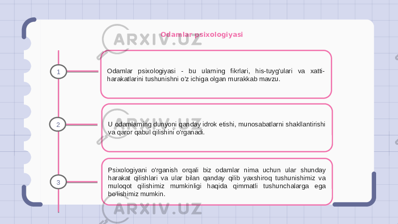 Odamlar psixologiyasi Odamlar psixologiyasi - bu ularning fikrlari, his-tuyg&#39;ulari va xatti- harakatlarini tushunishni o&#39;z ichiga olgan murakkab mavzu. U odamlarning dunyoni qanday idrok etishi, munosabatlarni shakllantirishi va qaror qabul qilishini o&#39;rganadi. Psixologiyani o&#39;rganish orqali biz odamlar nima uchun ular shunday harakat qilishlari va ular bilan qanday qilib yaxshiroq tushunishimiz va muloqot qilishimiz mumkinligi haqida qimmatli tushunchalarga ega bo&#39;lishimiz mumkin.1 2 3 