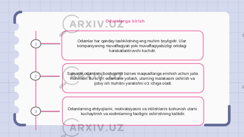 Odamlarga kirish Odamlar har qanday tashkilotning eng muhim boyligidir. Ular kompaniyaning muvaffaqiyati yoki muvaffaqiyatsizligi ortidagi harakatlantiruvchi kuchdir. Samarali odamlarni boshqarish biznes maqsadlariga erishish uchun juda muhimdir. Bu to&#39;g&#39;ri odamlarni yollash, ularning malakasini oshirish va ijobiy ish muhitini yaratishni o&#39;z ichiga oladi. Odamlarning ehtiyojlarini, motivatsiyasini va intilishlarini tushunish ularni kuchaytirish va xodimlarning faolligini oshirishning kalitidir.1 2 3 