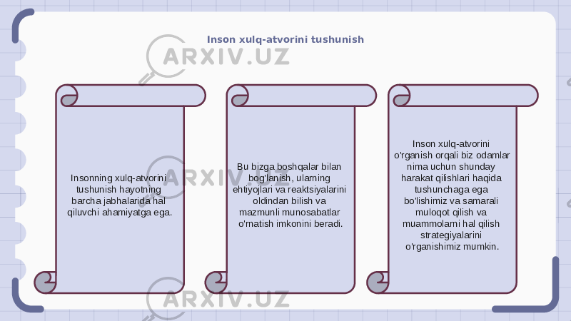 Inson xulq-atvorini tushunish Insonning xulq-atvorini tushunish hayotning barcha jabhalarida hal qiluvchi ahamiyatga ega. Bu bizga boshqalar bilan bog&#39;lanish, ularning ehtiyojlari va reaktsiyalarini oldindan bilish va mazmunli munosabatlar o&#39;rnatish imkonini beradi. Inson xulq-atvorini o&#39;rganish orqali biz odamlar nima uchun shunday harakat qilishlari haqida tushunchaga ega bo&#39;lishimiz va samarali muloqot qilish va muammolarni hal qilish strategiyalarini o&#39;rganishimiz mumkin. 