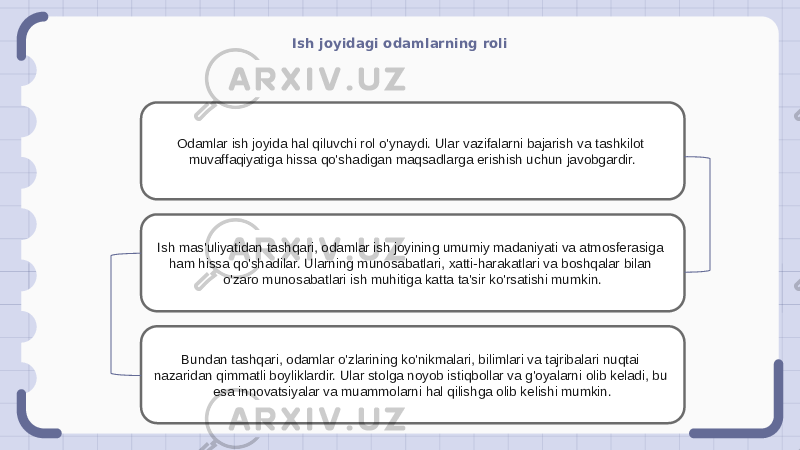 Ish joyidagi odamlarning roli Odamlar ish joyida hal qiluvchi rol o&#39;ynaydi. Ular vazifalarni bajarish va tashkilot muvaffaqiyatiga hissa qo&#39;shadigan maqsadlarga erishish uchun javobgardir. Ish mas&#39;uliyatidan tashqari, odamlar ish joyining umumiy madaniyati va atmosferasiga ham hissa qo&#39;shadilar. Ularning munosabatlari, xatti-harakatlari va boshqalar bilan o&#39;zaro munosabatlari ish muhitiga katta ta&#39;sir ko&#39;rsatishi mumkin. Bundan tashqari, odamlar o&#39;zlarining ko&#39;nikmalari, bilimlari va tajribalari nuqtai nazaridan qimmatli boyliklardir. Ular stolga noyob istiqbollar va g&#39;oyalarni olib keladi, bu esa innovatsiyalar va muammolarni hal qilishga olib kelishi mumkin. 