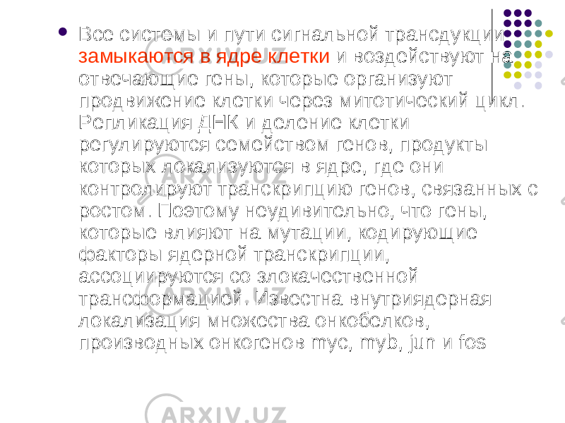  Все системы и пути сигнальной трансдукции замыкаются в ядре клетки и воздействуют на отвечающие гены, которые организуют продвижение клетки через митотический цикл. Репликация ДНК и деление клетки регулируются семейством генов, продукты которых локализуются в ядре, где они контролируют транскрипцию генов, связанных с ростом. Поэтому неудивительно, что гены, которые влияют на мутации, кодирующие факторы ядерной транскрипции, ассоциируются со злокачественной трансформацией. Известна внутриядерная локализация множества онкобелков, производных онкогенов mуc, myb, jun и fos 