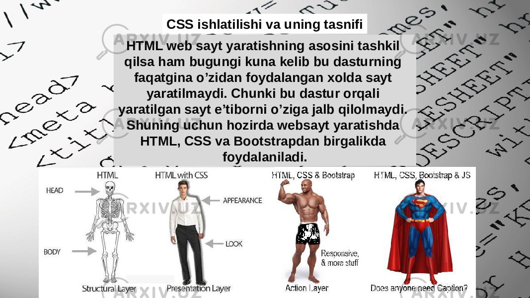 CSS ishlatilishi va uning tasnifi HTML web sayt yaratishning asosini tashkil qilsa ham bugungi kuna kelib bu dasturning faqatgina o’zidan foydalangan xolda sayt yaratilmaydi. Chunki bu dastur orqali yaratilgan sayt e’tiborni o’ziga jalb qilolmaydi. Shuning uchun hozirda websayt yaratishda HTML, CSS va Bootstrapdan birgalikda foydalaniladi. 